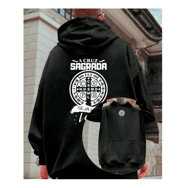 Moletom Canguru Senhor São Bento Jesus Luz Igreja Fé Terço - PRETO - QUEIMA DE ESTOQUE