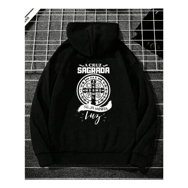 Moletom Canguru Senhor São Bento Jesus Luz Igreja Fé Terço - PRETO - QUEIMA DE ESTOQUE