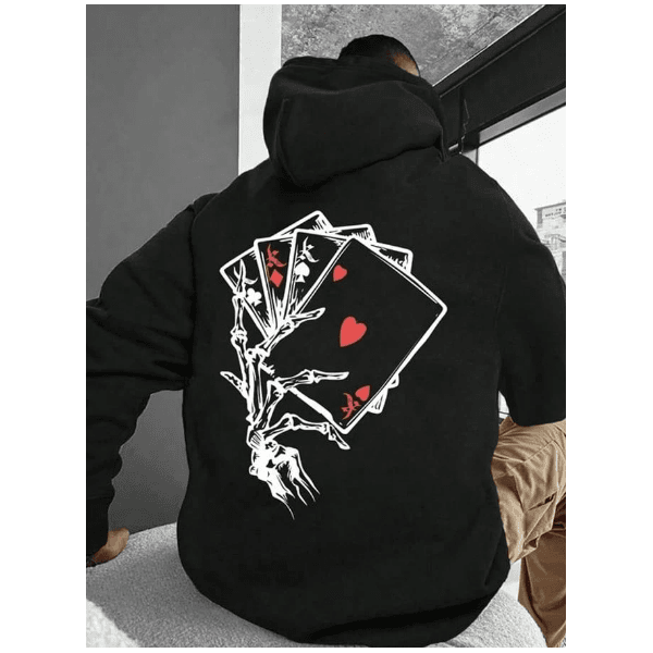 Moletom Masculino Mão Esqueleto de Cartas Costas Inverno Tendência - PRETO G - QUEIMA DE ESTOQUE 
