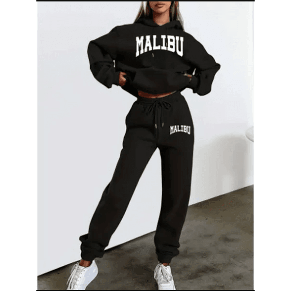 Conjunto De Moletom Feminino Streetwear Malibu tumblr Com Calça - PRETO P - QUEIMA DE ESTOQUE
