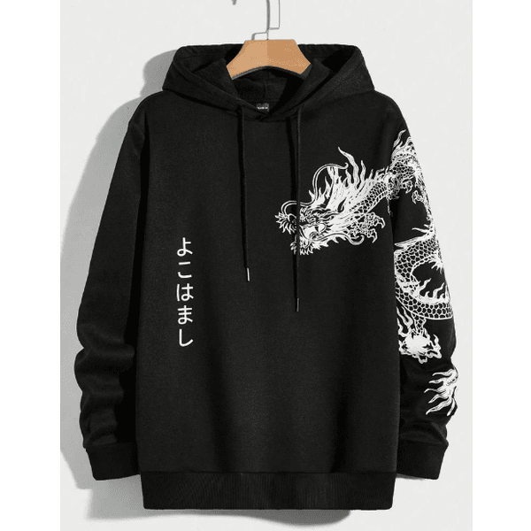 Moletom Com Capuz Estampa De Dragão Japonês Streetwear - PRETO GG - QUEIMA DE ESTOQUE