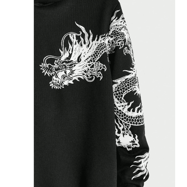 Moletom Com Capuz Estampa De Dragão Japonês Streetwear - PRETO - QUEIMA DE ESTOQUE