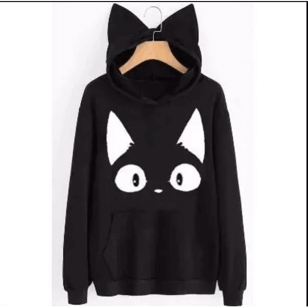 Moletom Casaco Canguru Gato Capuz Com Orelhas Feminino - PRETO M - QUEIMA DE ESTOQUE