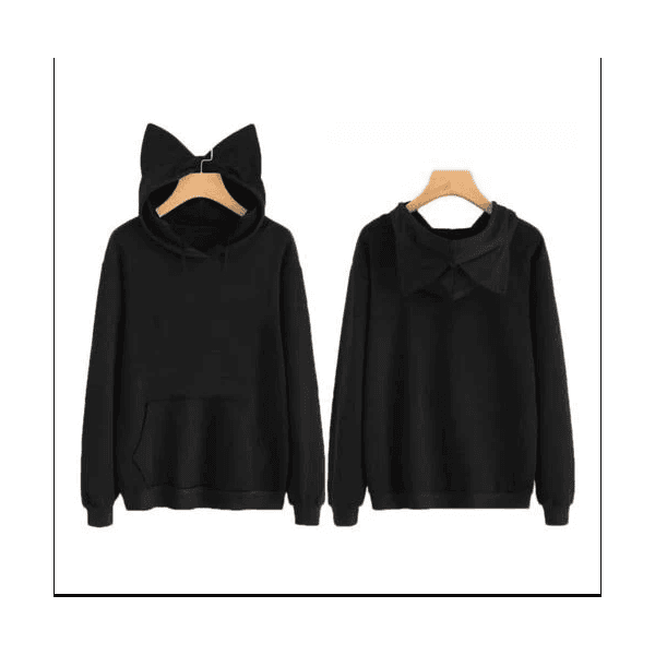 Moletom Casaco Canguru Gato Capuz Com Orelhas Feminino - PRETO/Tamanho 16 - QUEIMA DE ESTOQUE