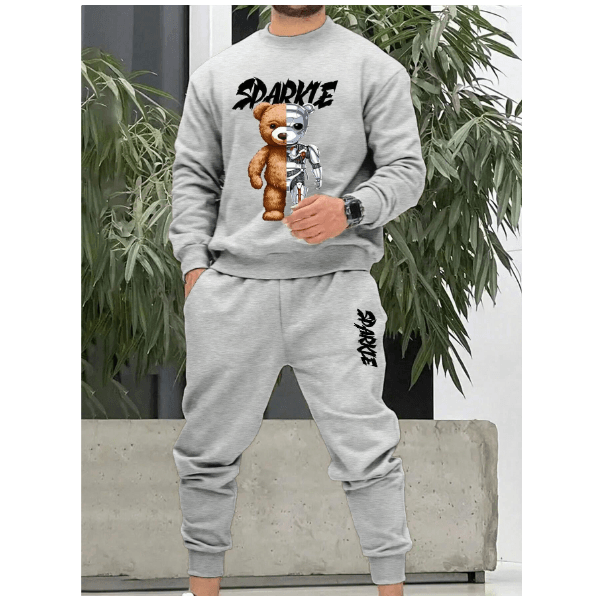 Conjunto Moletom Gola Redonda e Calça SDARKIE URSO ROBO Casual - Cinza - QUEIMA DE ESTOQUE