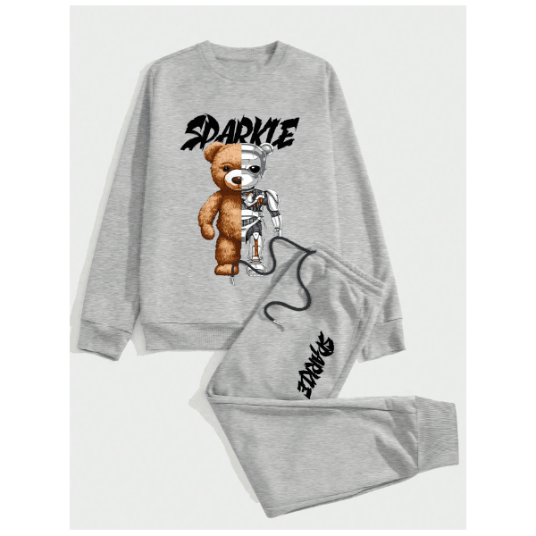 Conjunto Moletom Gola Redonda e Calça SDARKIE URSO ROBO Casual - Cinza - QUEIMA DE ESTOQUE