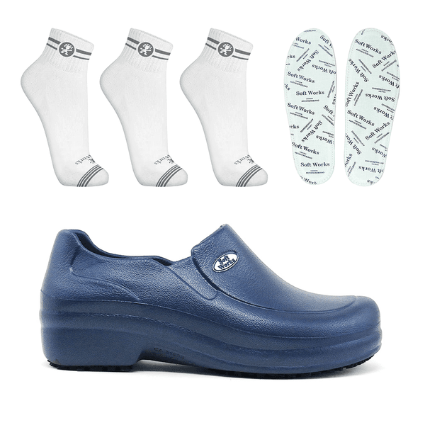 Kit Sapato Antiderrapante BB65 Marinho Soft Works EPI + 3 Pares Meias Brancas + 1 Par Palmilhas 