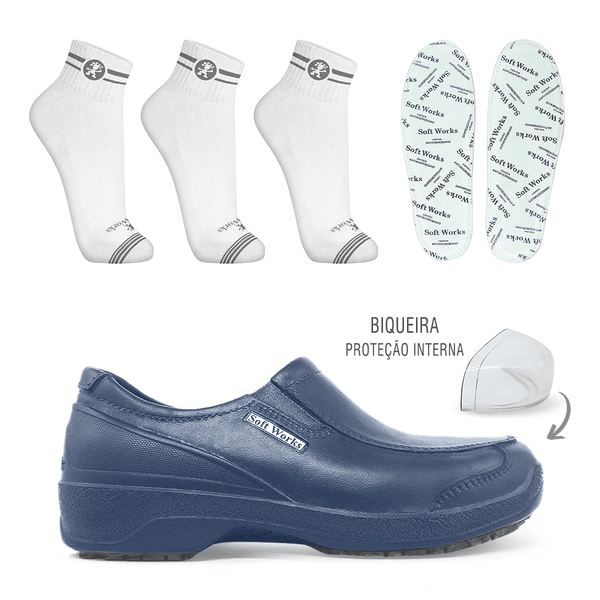 Kit Sapato Social Antiderrapante com Biqueira BB66 Marinho Soft Works EPI + 3 Pares Meias Brancas + 1 Par Palmilhas 