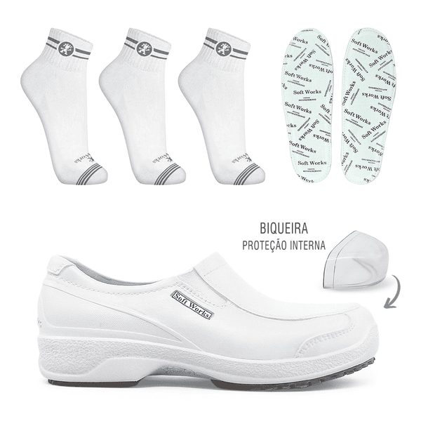 Kit Sapato Social Antiderrapante com Biqueira BB66 Branco Soft Works EPI + 3 Pares Meias + 1 Par Palmilhas 