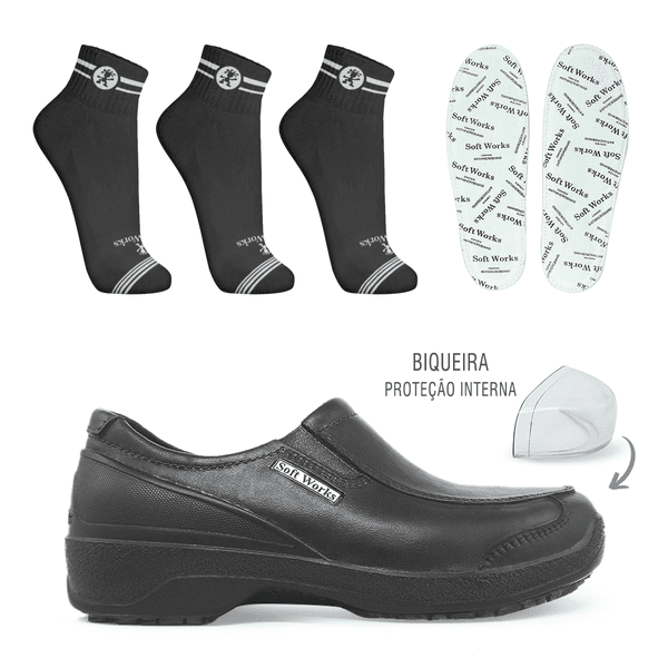 Kit Sapato Social Antiderrapante com Biqueira BB66 Preto Soft Works EPI + 3 Pares Meias + 1 Par Palmilhas 