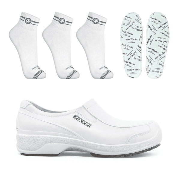 Kit Sapato Social Antiderrapante BB67 Branco Soft Works EPI + 3 Pares Meias + 1 Par Palmilhas 