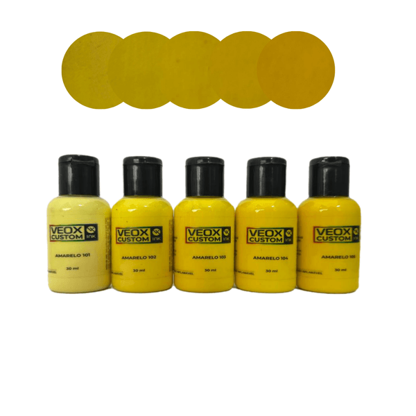Tinta Acrílica Fosca para Couro e Tecido - Pack Amarelo com 5 Cores - Custom Ink Nuances 30ml 
