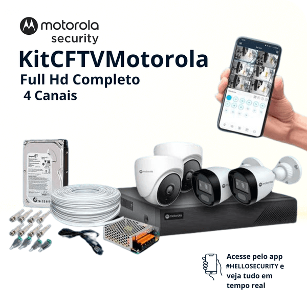 Kit 4 Câmeras De Segurança Motorola Full HD 1080P 2M - 20 Metros Infravermelho + DVR 4 Canais + HD 500GB + Cabos E Acessórios + Aplicativo De Acesso Remoto
