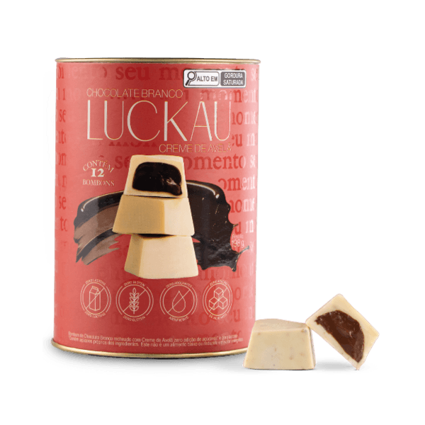 Lata Bombom Chocolate Branco recheado com creme de Avelã - Zero Adição de Açúcares, Lactose e Glúten - Luckau - 12 bombons de 16,5g - 198g