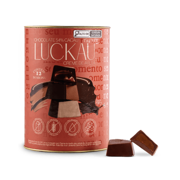 Lata Bombom Chocolate 54% Cacau recheado com creme de Avelã - Zero Adição de Açúcares, Lactose e Glúten - Luckau - 12 bombons de 16,5g - 198g