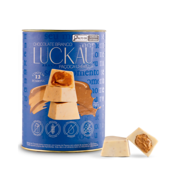 Lata Bombom Chocolate Branco recheado com creme de Paçoca Cremosa - Zero Adição de Açúcares, Lactose e Glúten - Luckau - 12 bombons de 16,5g - 198g