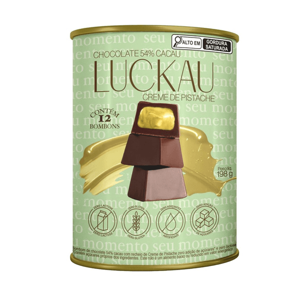 Lata Bombom Chocolate 54% Cacau recheado com creme de Pistache - Zero Adição de Açúcares, Lactose e Glúten - Luckau - 12 bombons de 16,5g - 198g