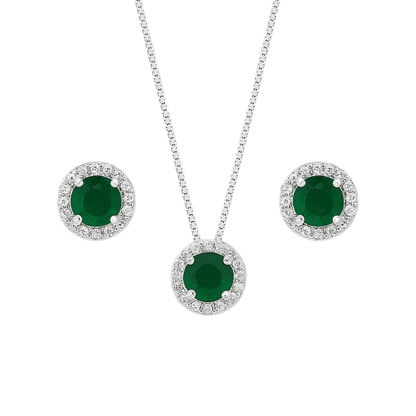 Conjunto Redondo Cravejado Verde Prata 925