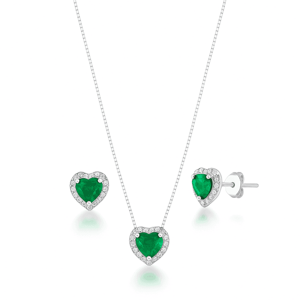 Conjunto Coração Cravejado Verde Prata 925