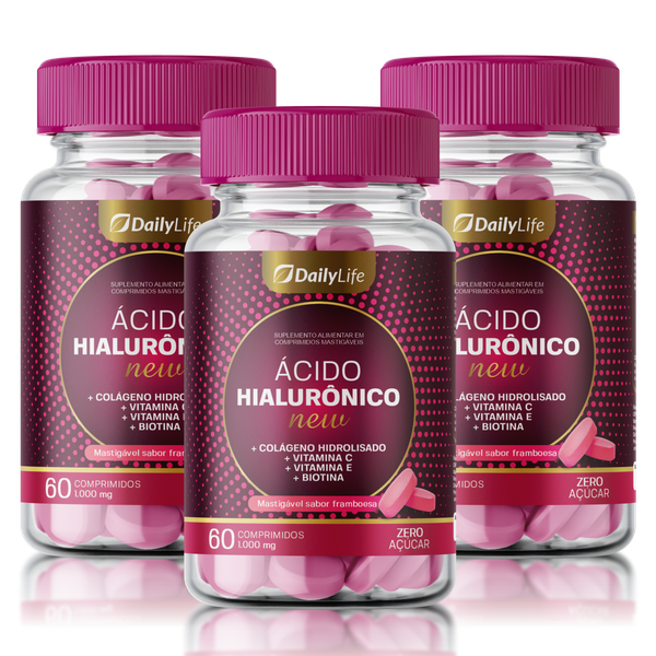 Ácido Hialurônico + Colágeno Hidrolisado para Rugas e Sinais de Expressão - Mastigável Sabor Framboesa - 60 Comprimidos 1000 Mg - 3x