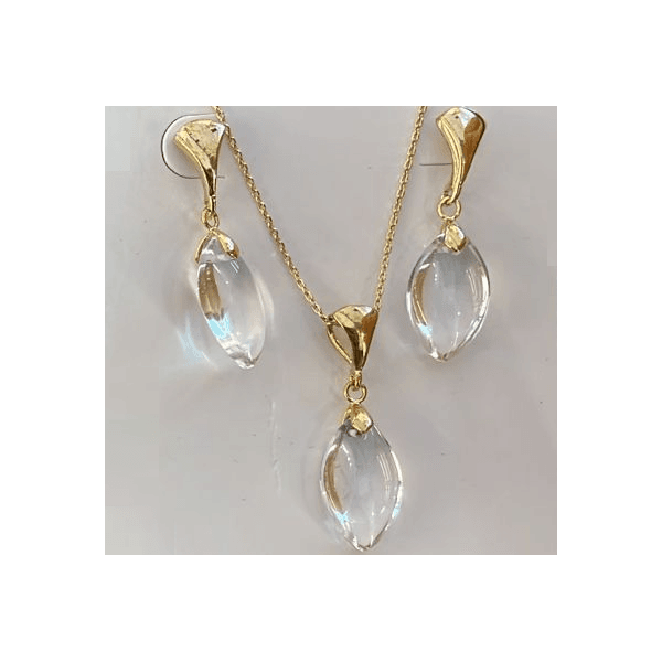 Conjunto Brincos e Colar em Pedra Natural de Cristal Príncipe e corrente com banho Ouro 18k.