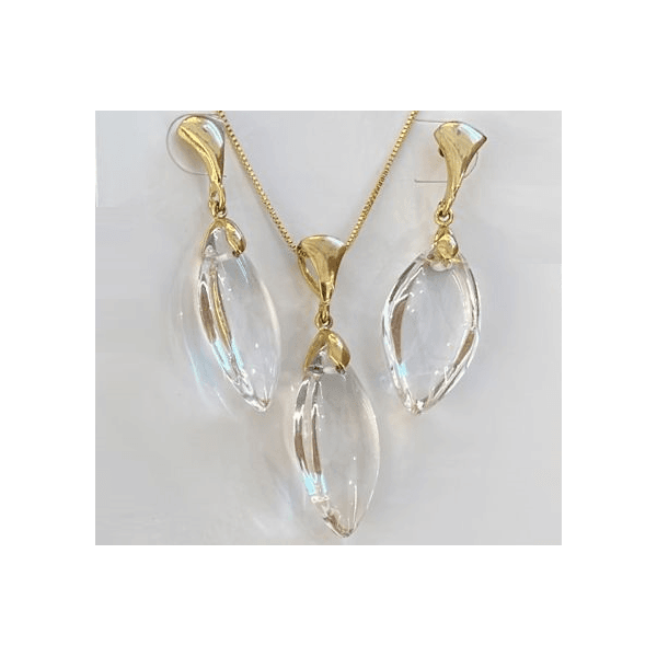 Conjunto Brincos e Colar em Pedra Natural de Cristal Príncipe e corrente com banho Ouro 18k.