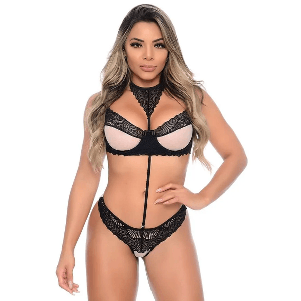 CONJUNTO HOT TULE COM RENDA PRETO
