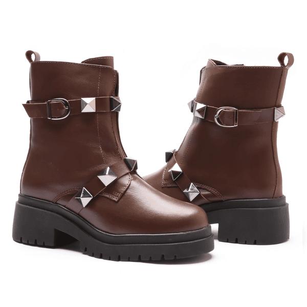 BOTA FEMININA COTURNO EM COURO TRATORADA COM SPIKE 40F126-CAFE