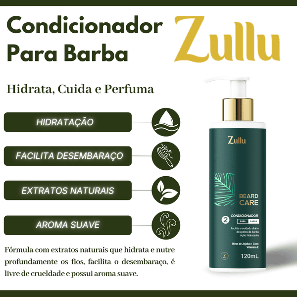 Kit Barba Completo Zullu – Shampoo + Condicionador + Nécessaire | Limpeza, Hidratação e Maciez Imediata