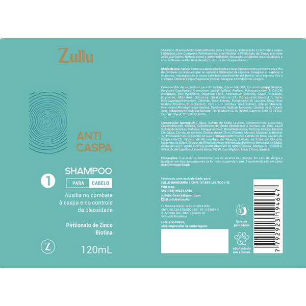 Shampoo Anticaspa Zullu 120ml – Controle da Oleosidade, Frescor e Fios Fortes