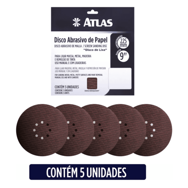 Disco Abrasivo Papel 225mm Grão 220 com 5 Peças - AT516-220 Atlas