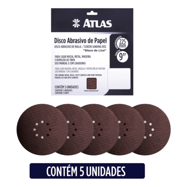 Kit 5 Unidades Disco Abrasivo De Papel 225mm Atlas - At516