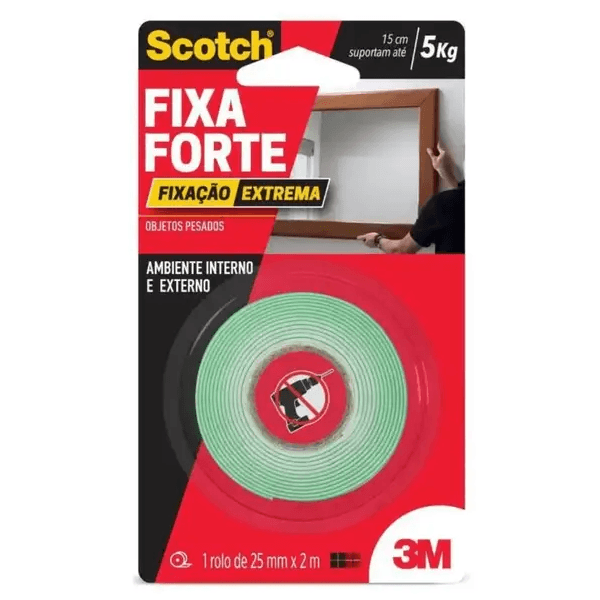 Fita Dupla Face 25 MM x 2 Metros Transparente Fixa Forte Extreme 3M