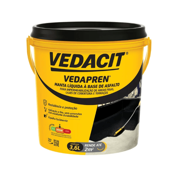 Manta Liquida Vedapren Preto 3,6 L Vedacit Laje Banheiro 