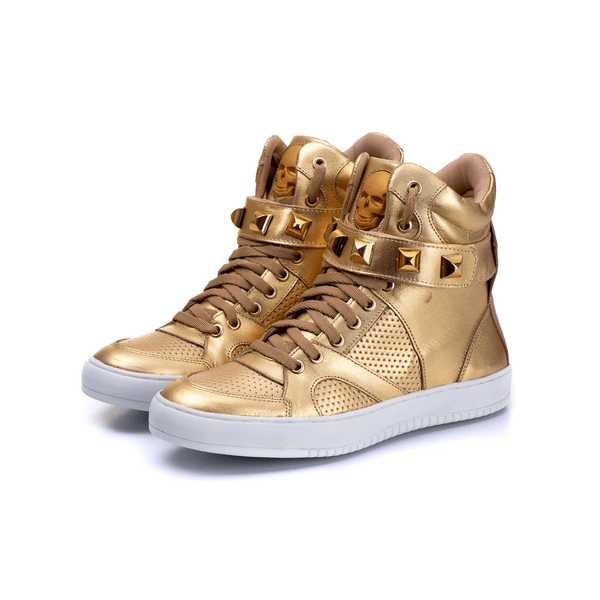 tenis dourado cano alto