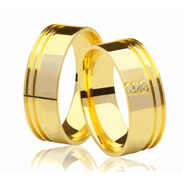 Alianças de casamento e noivado em ouro 18k 750 frisada e anatômica com 03 diamantes 7 mm