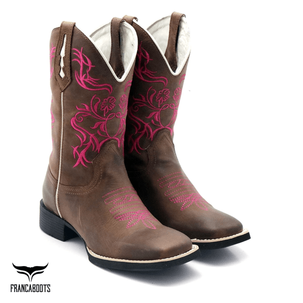 Bota Texana Franca Boots bico quadrado bordado pink
