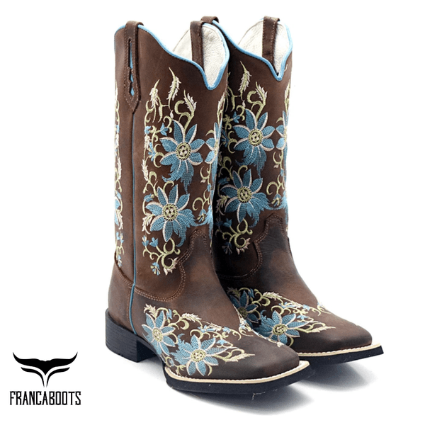Bota Texana feminina Franca Boots bico quadrado FLOral azul