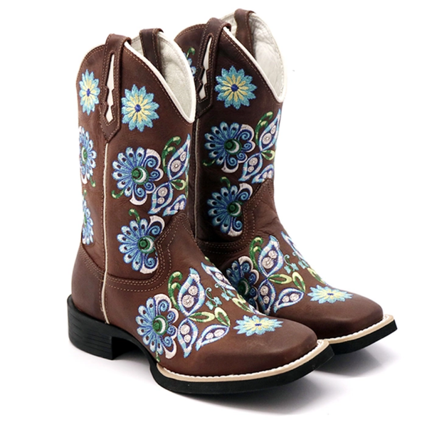 Bota Texana feminina Franca Boots bico quadrado bordado azul 