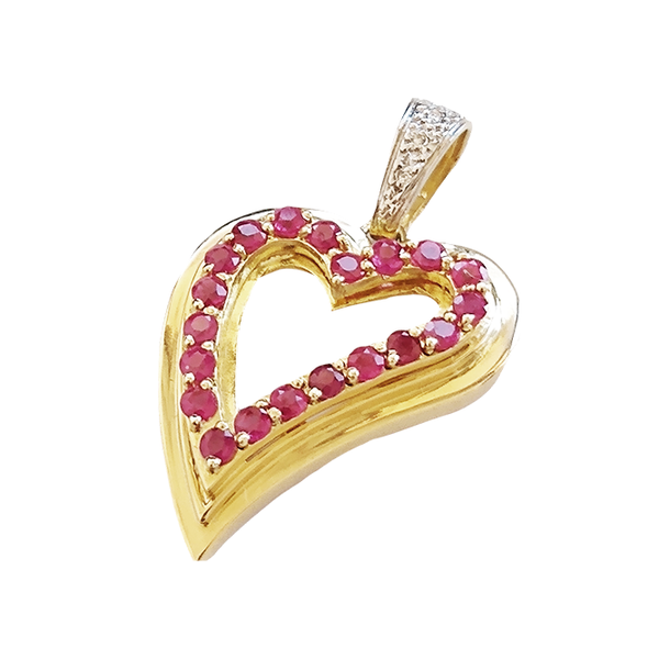 Pingente Feminino Coração em Ouro 18k Com Rubis E Diamantes