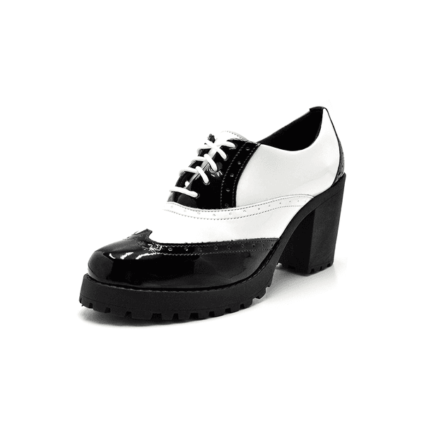 Sapato Feminino Oxford Tratorado Napa Branca e Preto Flor da Pele