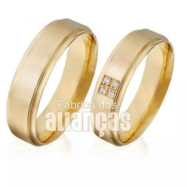 Alianças de Ouro Escovadas com Diamantes - FA-496 - Fábrica das Alianças