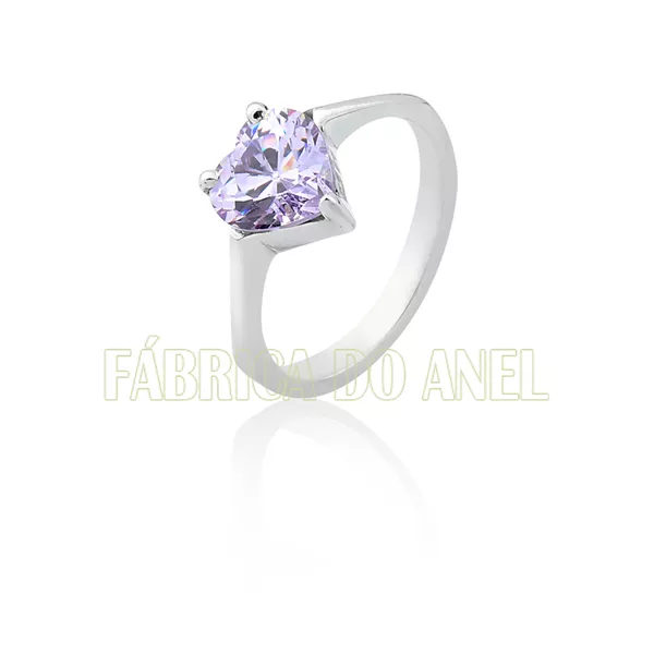 Anel Solitário Em Prata Com Pedra De Coração - FA-AG-100-Lilas - Fábrica das Alianças