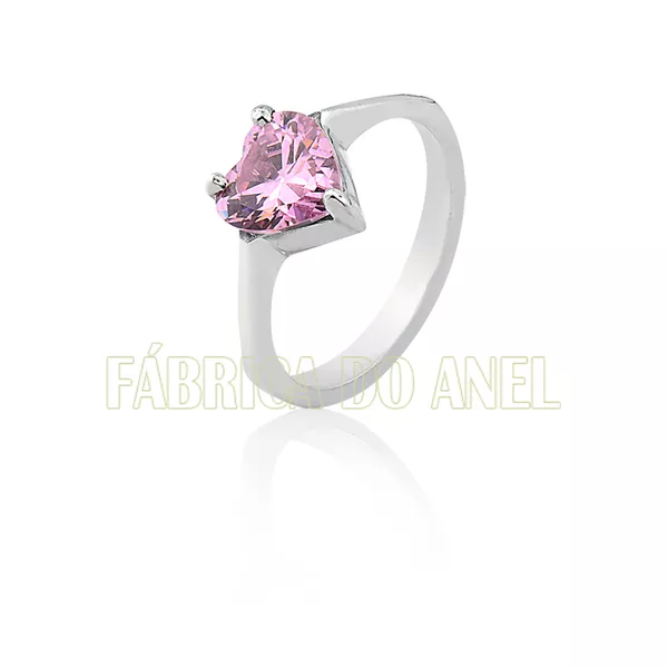 Anel Solitário Em Prata Com Pedra De Coração - FA-AG-100-Rosa - Fábrica das Alianças