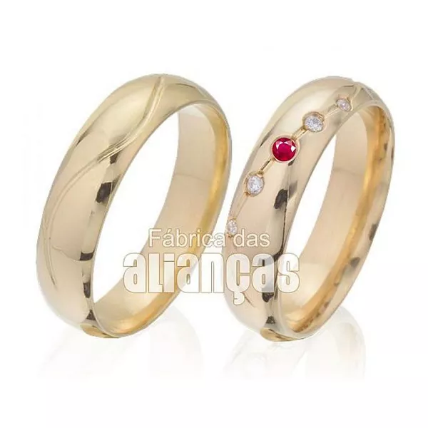 Alianças De Noivado Ouro Amarelo 18k Com Rubi - FA-347-Rubi - Fábrica das Alianças