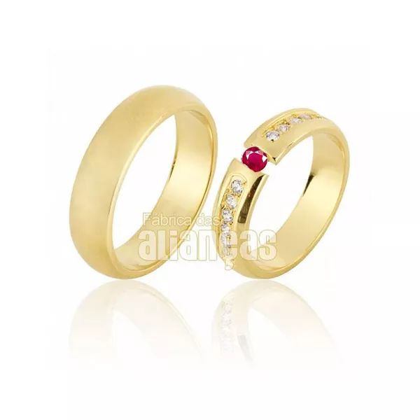 Alianças De Noivado e Casamento Em Ouro Amarelo 18k - FA-640-Rubi - Fábrica das Alianças