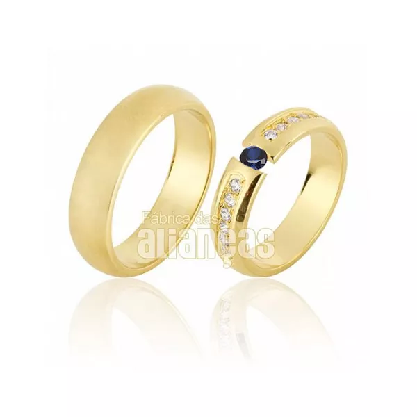 Alianças De Noivado e Casamento Em Ouro Amarelo 18k - FA-640-Safira Azul - Fábrica das Alianças