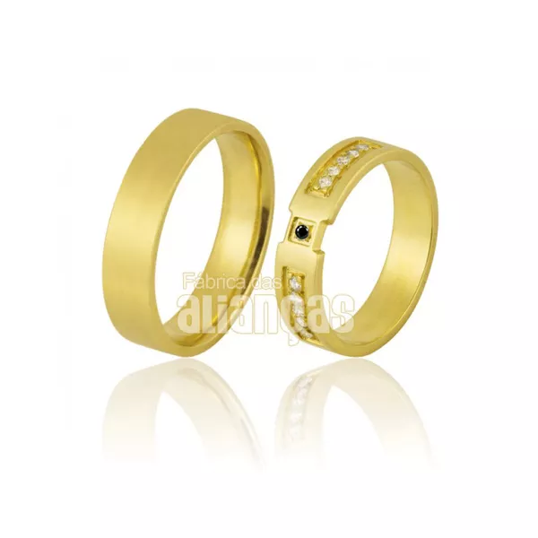 Alianças De Noivado e Casamento Em Ouro Amarelo 18k - FA-855-Black - Fábrica das Alianças