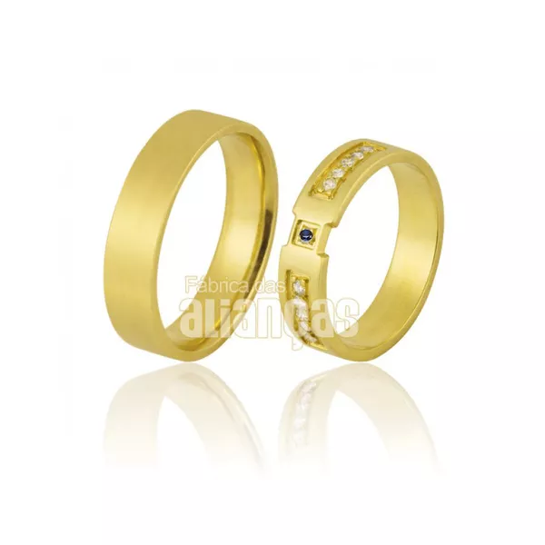 Alianças De Noivado e Casamento Em Ouro Amarelo 18k - FA-855-Safira Azul - Fábrica das Alianças