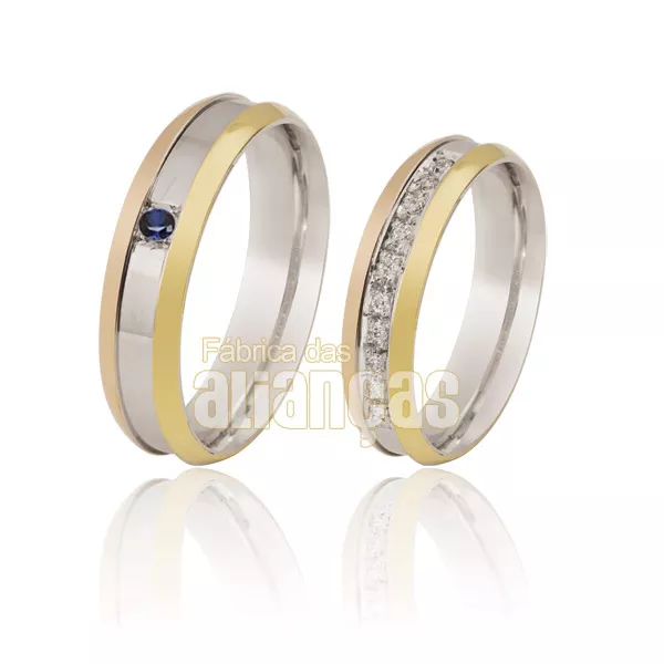 Alianças de Noivado e Casamento em Ouro 18k Duas Cores - FA-113-Safira-Azul - Fábrica das Alianças